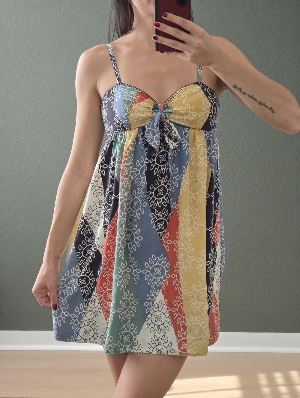 BCBGMaxAzria Silk Bandana Patchwork Babydoll Mini Dress, Size 0